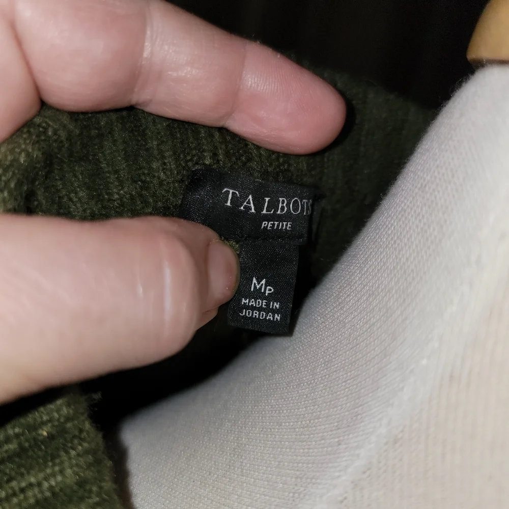 Talbots Cable Knit Cardigan Sweater Olive Green Size Medium Petite